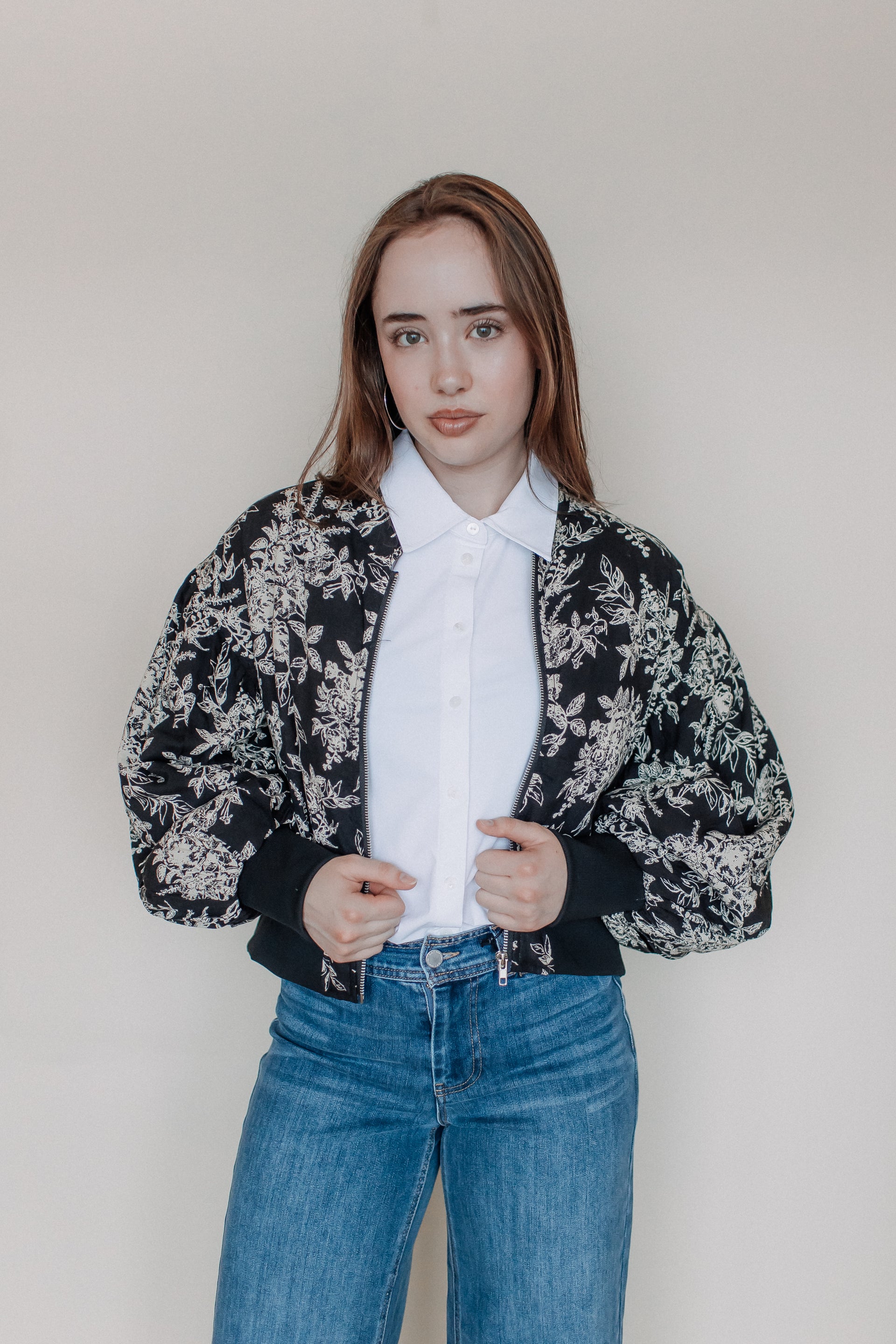 FLORAL PRINT BOMBER JACKET-BLACK CREAM FLORAL