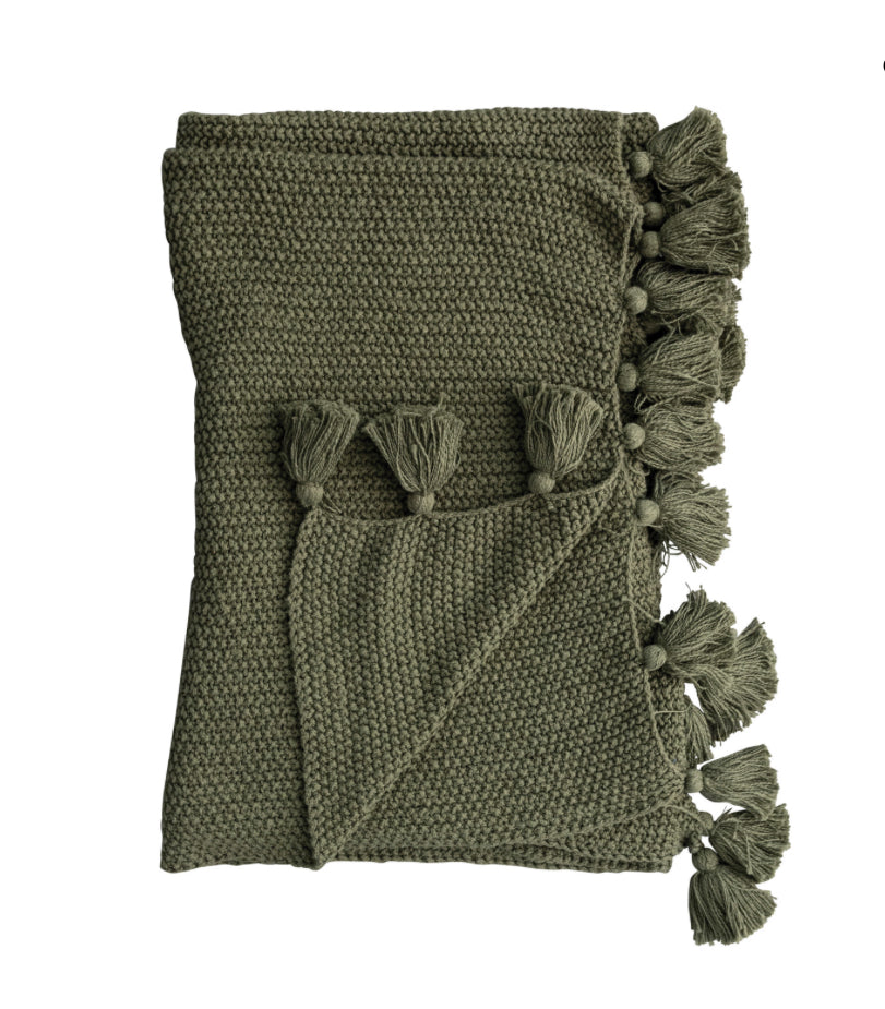 60X50 KNIT THROW W/TASSELS-OLIVE