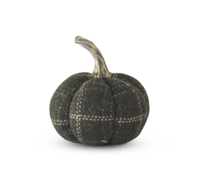 4.5" GREEN & TAN PLAID FABRIC PUMPKIN