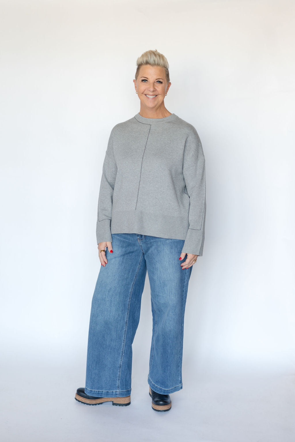 BALLIA LONG SLEEVE PULLOVER TOP-GREY MELANGE