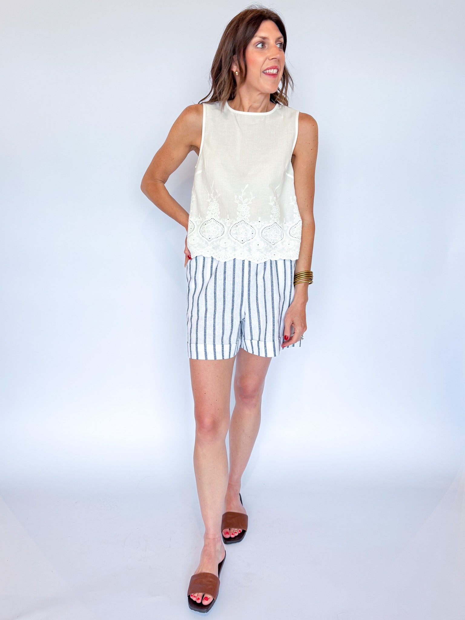 STRIPED LINEN MIX SHORTS-WHITE/BLULE