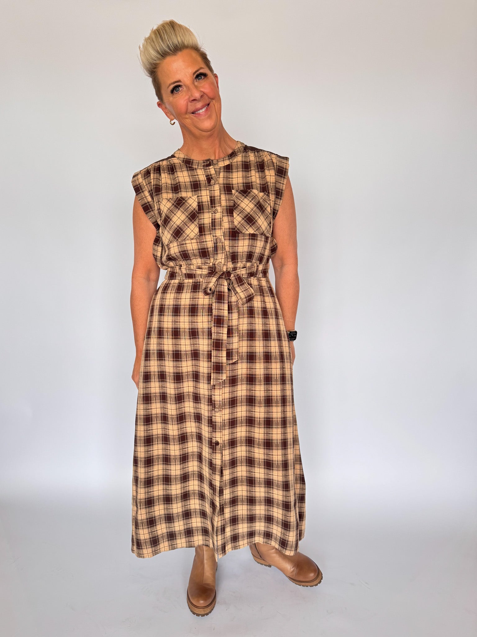 CLAIRE DRESS-BROWN PLAID