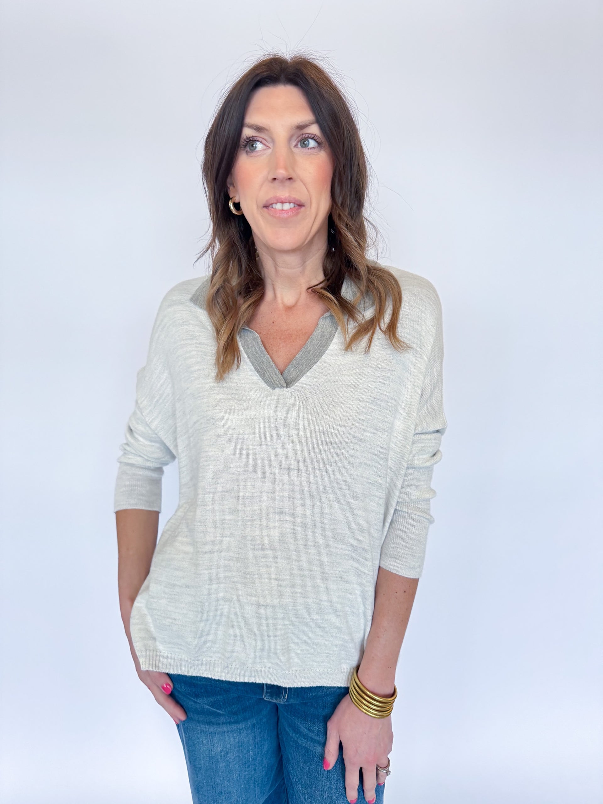 CATALINA POLO SWEATER-DRIFTWOOD + SEA SALT PETITE
