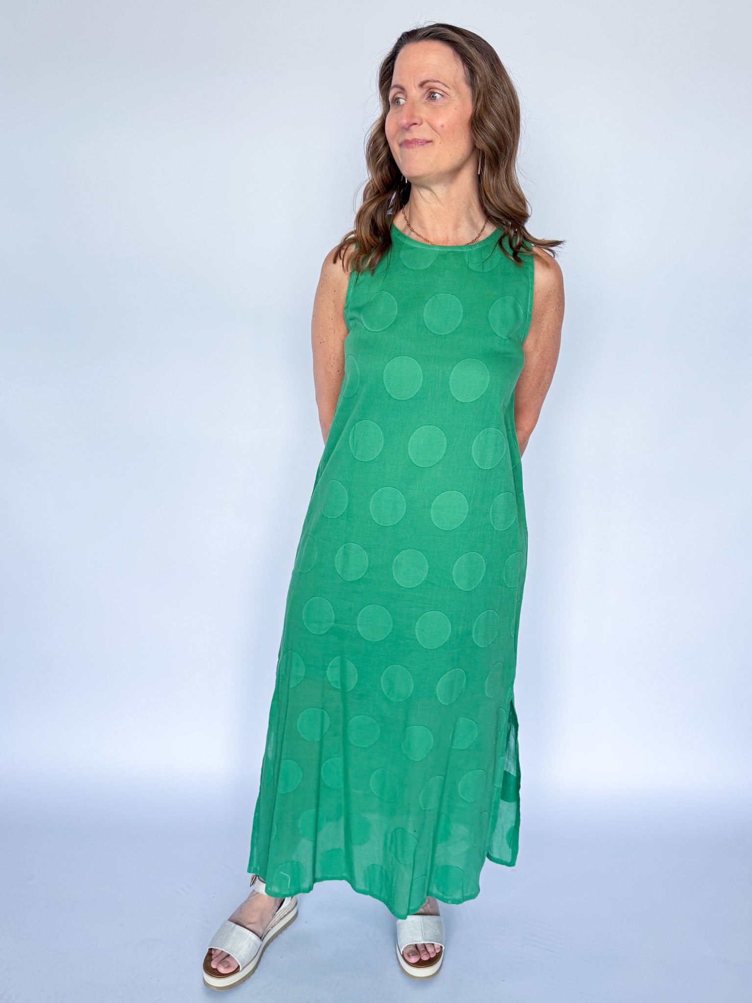 SLEEVELESS LONG DRESS W/EMBROIDERY-GREEN