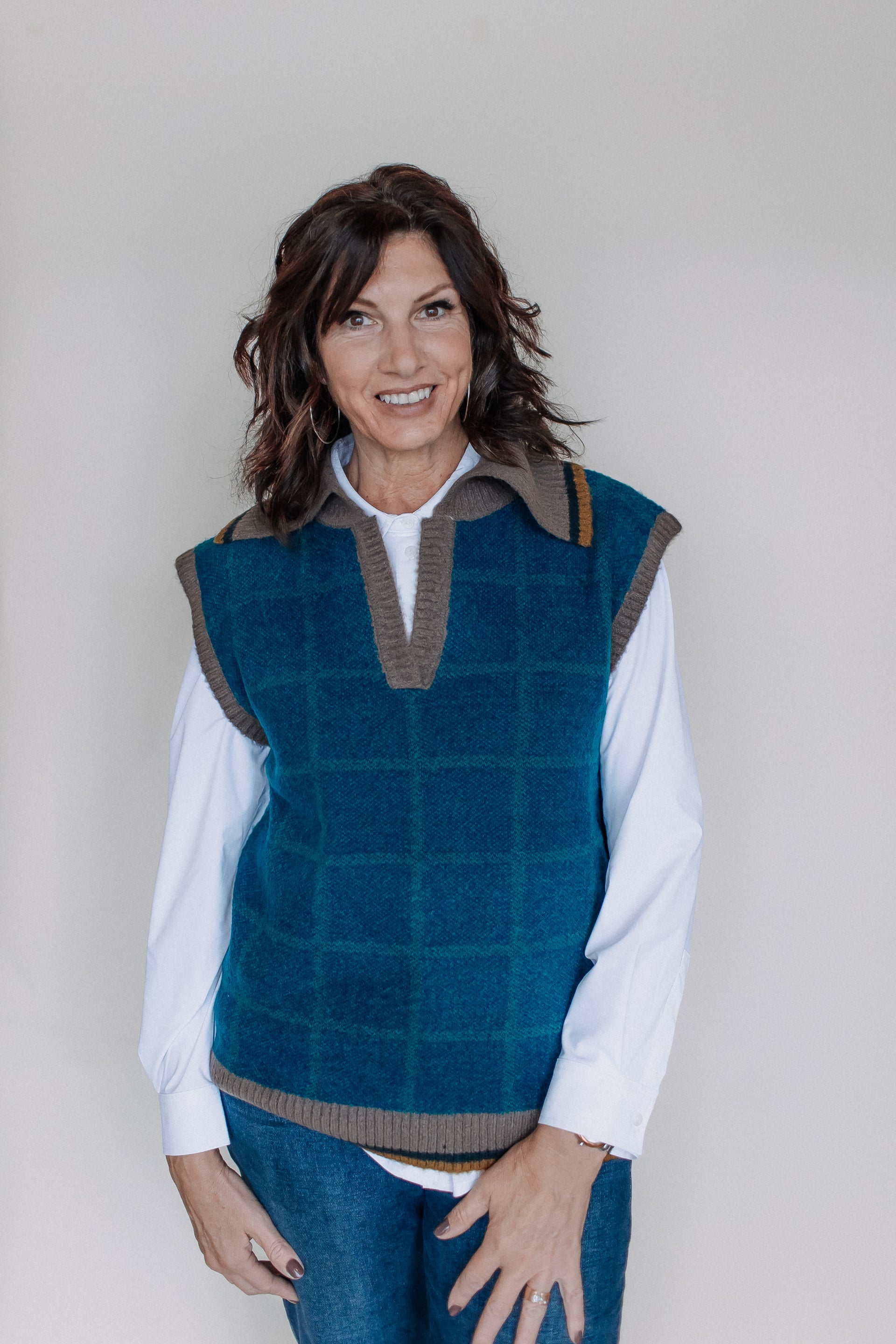 MARLEY SWEATER VEST-TEAL MLT PLAID